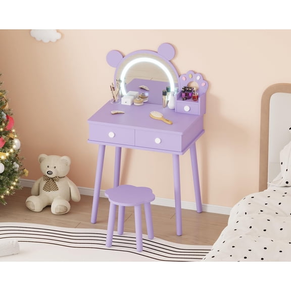 TROPOW Kids Vanity Table with Lights,Cute Bear Shaped Dressing Tables,Wooden Princess Toddler Make Up Table Set with Storage Drawers &Stool, Pretend Play Vanity Sets for Little Girls,Purple