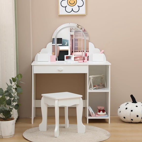 TROPOW Kids Vanity Table and Chair Set with Stool, Little Girls Vanity and Wooden Makeup Playset Makeup Dressing Princess Table with Drawer,White