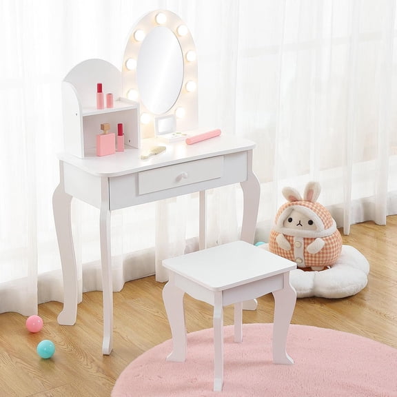TROPOW Kids Vanity, Vanity Desk with Mirror Lights, Girls Vanity with Drawers & 3 Light Modes, Wooden Princess Makeup Desk Dressing Table