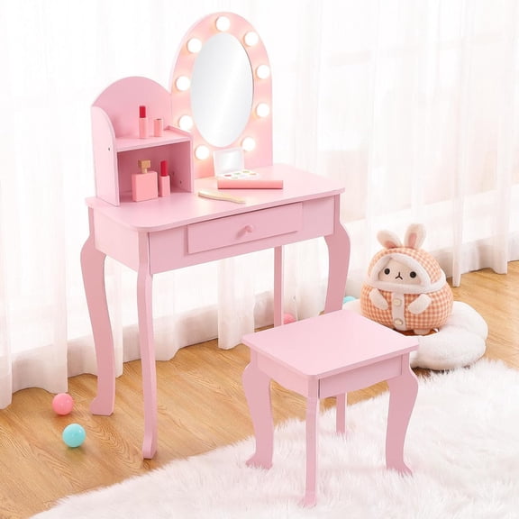 TROPOW Kids Vanity, Vanity Desk with Mirror Lights, Girls Vanity with Drawers & 3 Light Modes, Wooden Princess Makeup Desk Dressing Table