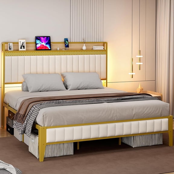 TROPOW King Size Bed Frame,Led Light and Charging Station, Platform Bed with Headboard and Storage, Noise Free, Easy Assembly, White&Gold