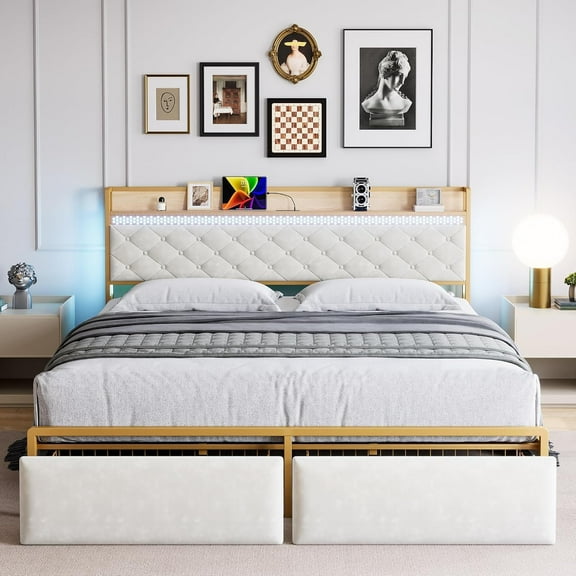 TROPOW King Size Bed Frame,Upholstered Platform Bed Frame with Storage Headboard and Charging Station, Metal Bed Frame with LED Lights and 2 Drawers, Noise Free, No Box Needed, Gold