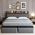 thumbnail image 1 of TROPOW King Size Bed Frame,Upholstered Platform Bed Frame with Storage Headboard and Charging Station, Metal Bed Frame with LED Lights and 2 Drawers, Noise Free, No Box Needed, Gray, 1 of 9