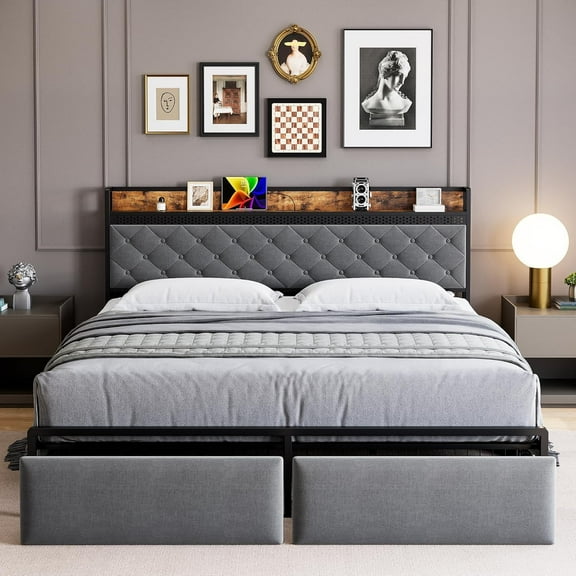 TROPOW King Size Bed Frame,Upholstered Platform Bed Frame with Storage Headboard and Charging Station, Metal Bed Frame with LED Lights and 2 Drawers, Noise Free, No Box Needed, Gray