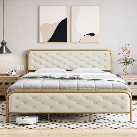 TROPOW King Size Bed Frame,Upholstered,Velvet Upholstery Platform Bed with Button Tufted Curved Headboard, Sturdy Wooden Slats, Noise Free, No Box Spring Needed, Gold & Beige