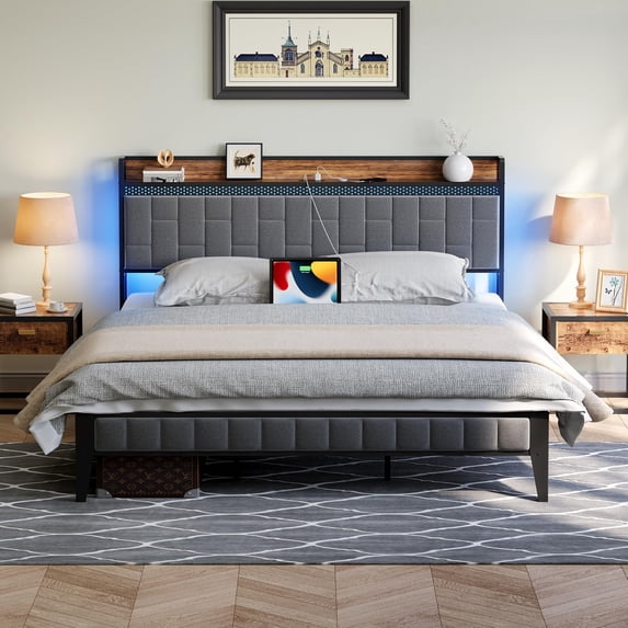 TROPOW King Size Bed Frame,Wood Headboard/Footboard, Storage Space and Adjustable Led Light, King Size Bed with Charging Station/Port, No Box Spring Needed, Gray