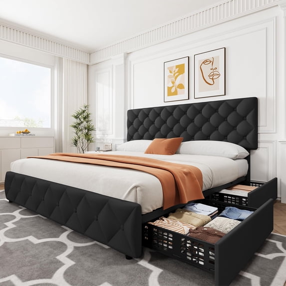 TROPOW King Size Bed Frame,with 4 Storage Drawers and Adjustable Headboard, Linen Upholstered Platform Bed Frame, Diamond Stitched Button Tufted, No Box Spring Needed,Black