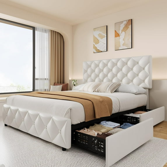TROPOW King Size Bed Frame,with 4 Storage Drawers and Adjustable Headboard, Linen Upholstered Platform Bed Frame, Diamond Stitched Button Tufted, No Box Spring Needed,White