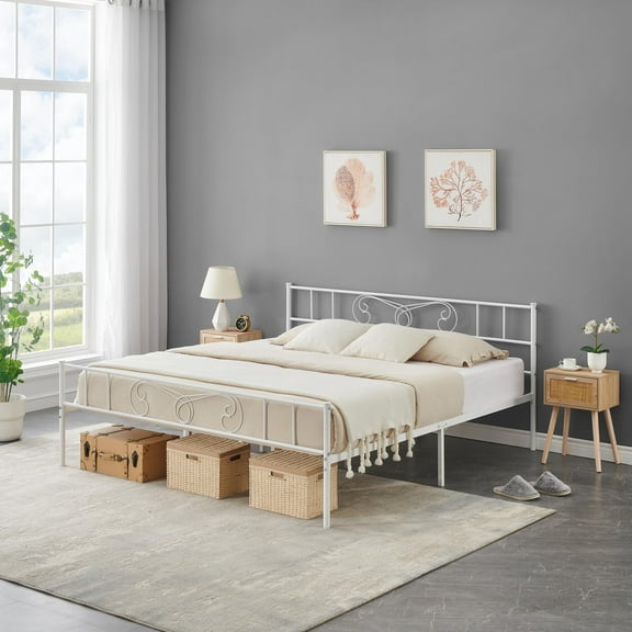 TROPOW King Size Bed Frame,with Headboard and Footboard Elegant Arched Metal Bed Frame with Sturdy Slats,800lbs Capacity, Safe with Round Corners Smooth Finish Queen Bed Frame with Storage White