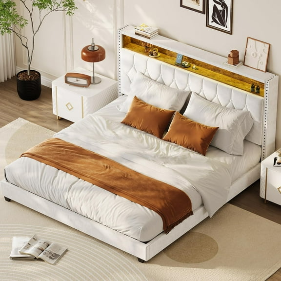 TROPOW King Size Bed Frame,with LED Lights and Charging Station, Velvet Upholstered Platform Bed Frame with Storage Headboard and Nailhead Trim Wingback, No Box Spring Needed/Wood Slats, Off White