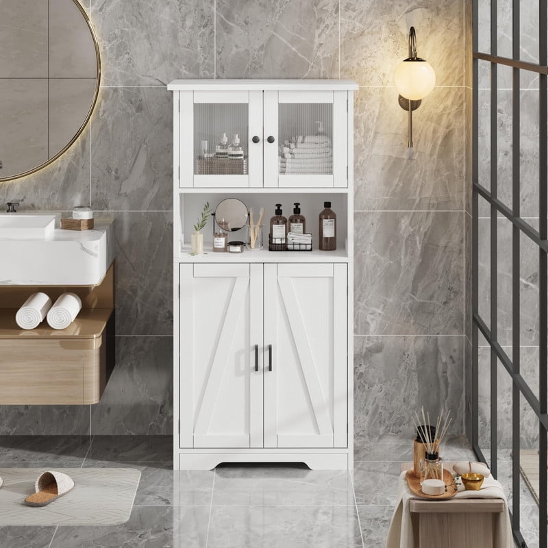 TROPOW Kitchen Pantry Cabinet, 50.4" Freestanding Storage Cabinet with Glass Doors and Adjustable Shelves, Wooden Cupboard, Large Floor Linen Cabinet for Bathroom, Living Room