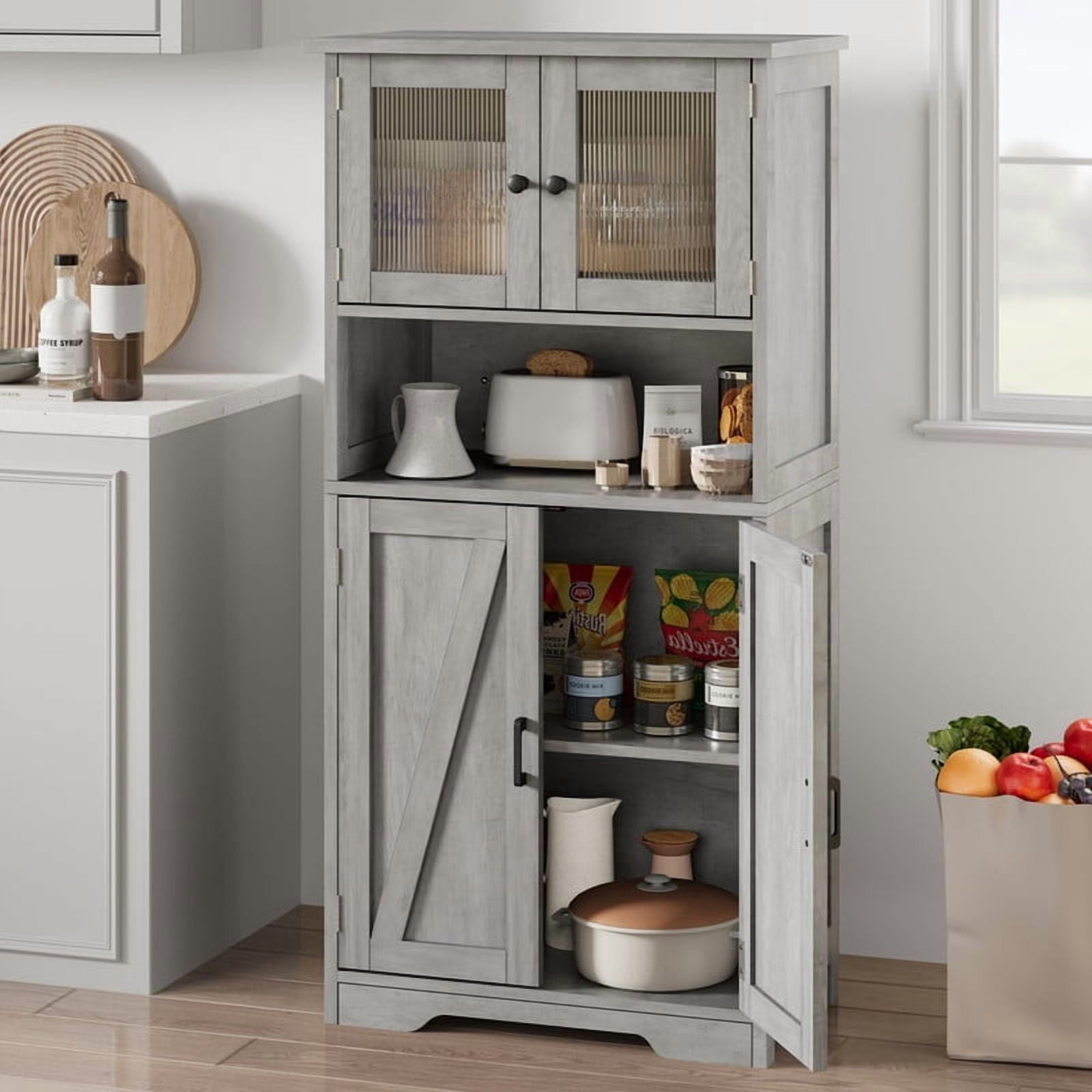 TROPOW Kitchen Pantry Cabinet, 50.4" Freestanding Storage Cabinet with Glass Doors and Adjustable Shelves, Wooden Cupboard, Large Floor Linen Cabinet for Bathroom, Living Room