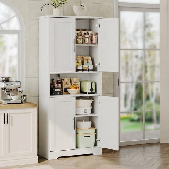 TROPOW Kitchen Pantry Cabinet, 70in Tall White Storage Cupboard with Doors and Adjustable Shelves, Freestanding Stand Alone Wood Furniture Hutch for Living Room, Bathroom, Home Organization