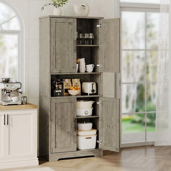 TROPOW Kitchen Pantry Cabinet, 70in Tall White Storage Cupboard with Doors and Adjustable Shelves, Freestanding Stand Alone Wood Furniture Hutch for Living Room, Bathroom, Home Organization