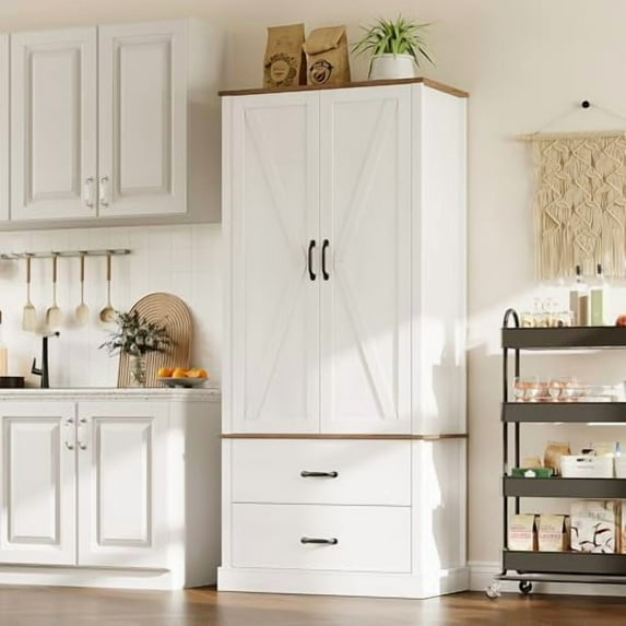 TROPOW Kitchen Pantry Cabinet with Doors and Shelves, Freestanding Tall Kitchen Cabinet with Microwave Stand, Hutch Cabinet for Kitchen, Living Room, Bathroom,White