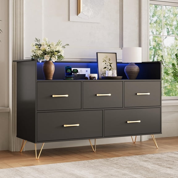 TROPOW LED Dresser with Charging Station - Modern 5-Drawer 47" Wide Wooden Chest, Storage Organizer for Bedroom, Nursery, Hallway & Apartments