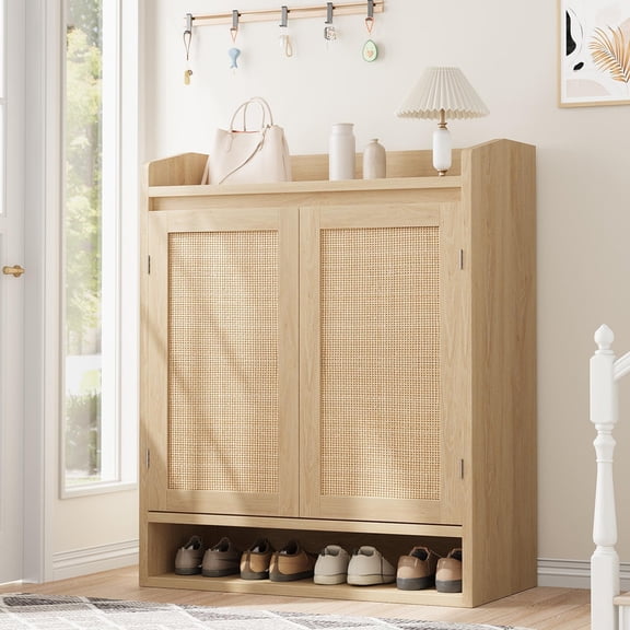 TROPOW Large Capacity Rattan Shoe Cabinet with 2 Doors, 32.4"W x 14.8"D x 41"H Wooden Storage Organizer with Adjustable Shelves, Boho Style Storage for Entryway, Hallway, Living Room