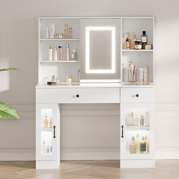 TROPOW Large Vanity Desk with Sliding Mirror, 3-Color LED Lights & Power Outlets, Makeup Dressing Table with Storage Drawers, Glass Shelves & Cabinets, MDF Beauty Station,White