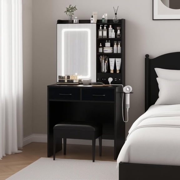 TROPOW Makeup Vanity Desk with Mirror and Lights, Vanity Table with Charging Station, Power Outlets & USB Ports, Drawers, Shelves, Stool Included, LED Vanity Desk for Bedroom,Black