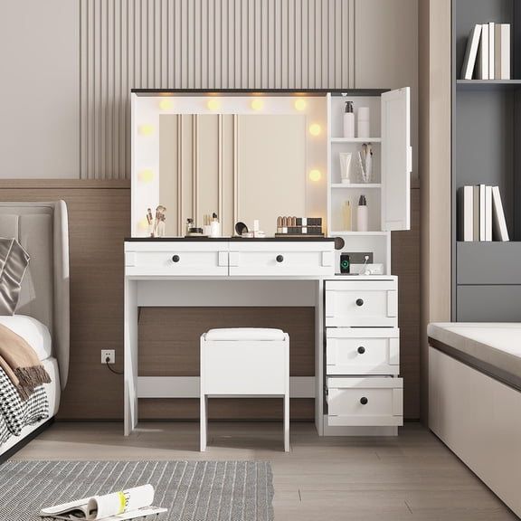 TROPOW Makeup Vanity Desk and Stool, Vanity Desk with Lights & Charging Station, Drawers and Hidden Storage Shelves,White