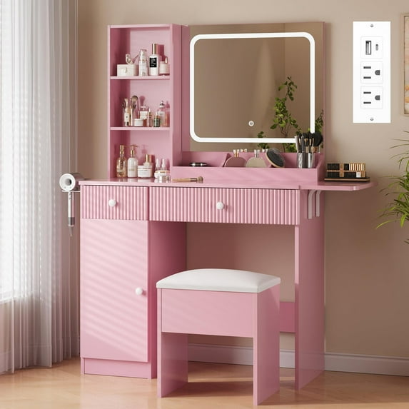 TROPOW Makeup Vanity with Light and Mirror, Vanity Desk Foldable Desktop, Power Strip, Adjustable Lighting, Drawers and Cushioned Stool, Dressing Table for Bedroom,Pink
