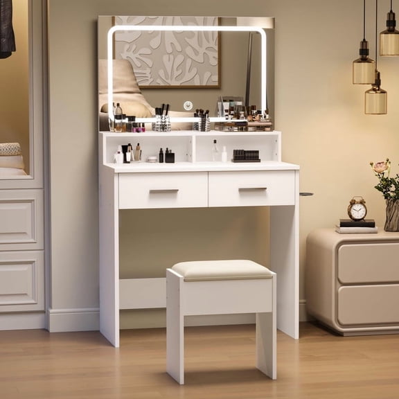 TROPOW Makeup Vanity Set with 3-Color LED Mirror & Power Outlet, Small Dressing Table with 2 Drawers and Stool, 32x16x54 Inch Modern Bedroom Furniture, White