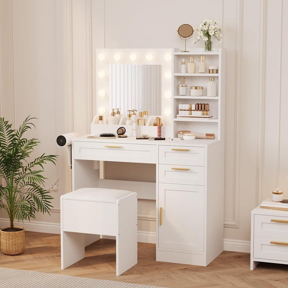 TROPOW Makeup Vanity Set with Drawers & Cabinet & Chair,Vanity Desk with Mirror and Lights, 3 Light Mode and Brightness Adjusted & Power Outlet, Dressing Table with Hairdryer Holder