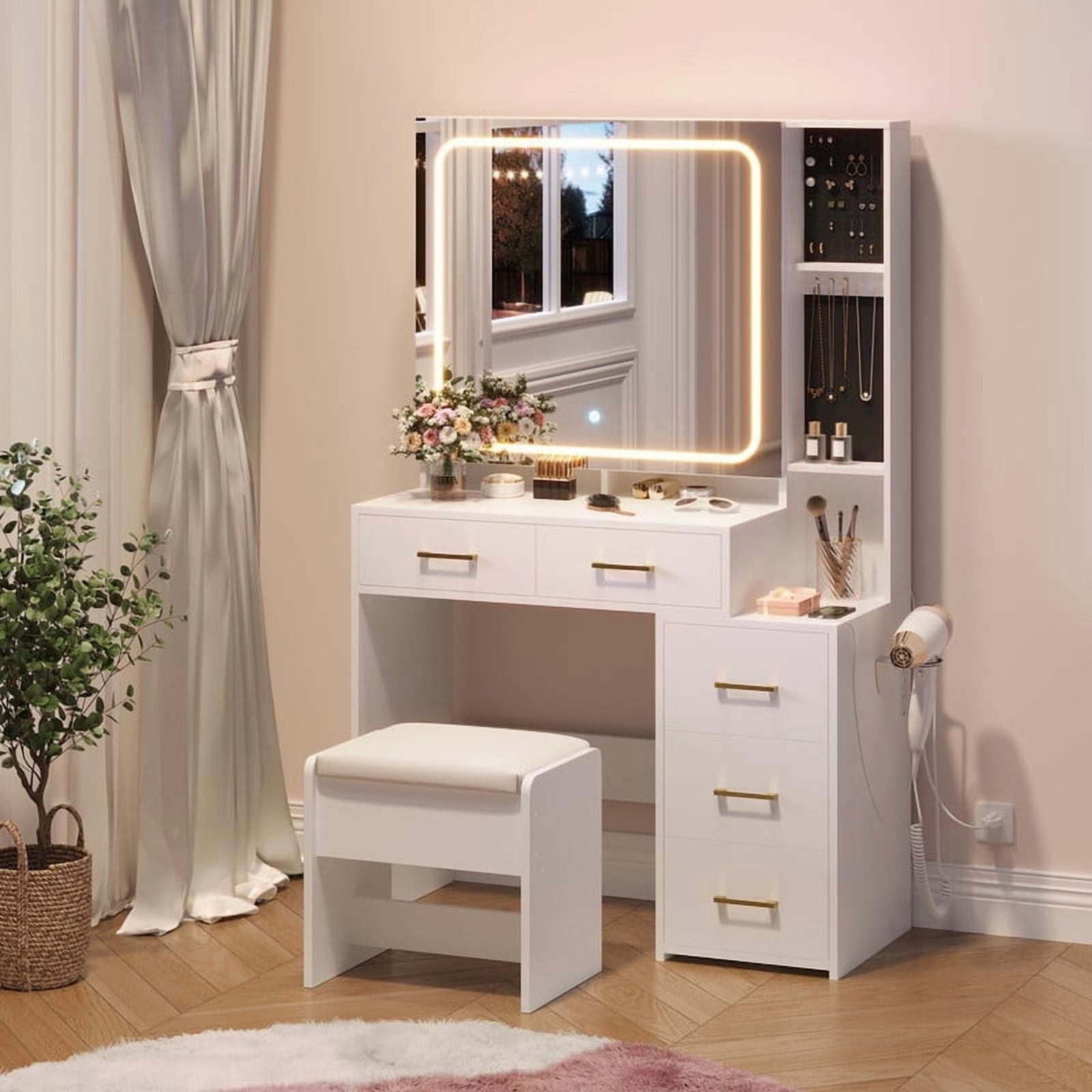 TROPOW Makeup Vanity Set with Mirror and Lights, Vanity Desk with 5 Drawers, Stool & Power Outlet, 3-Color Lighting Modes with Adjustable Brightness for Bedroom Dressing Table,White