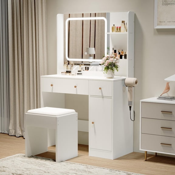 TROPOW Makeup Vanity Table with Lighted Mirror & Stool - 3 Color Modes & Adjustable Brightness, 4 Drawers & Storage Shelves, Dressing Desk for Bedroom, White