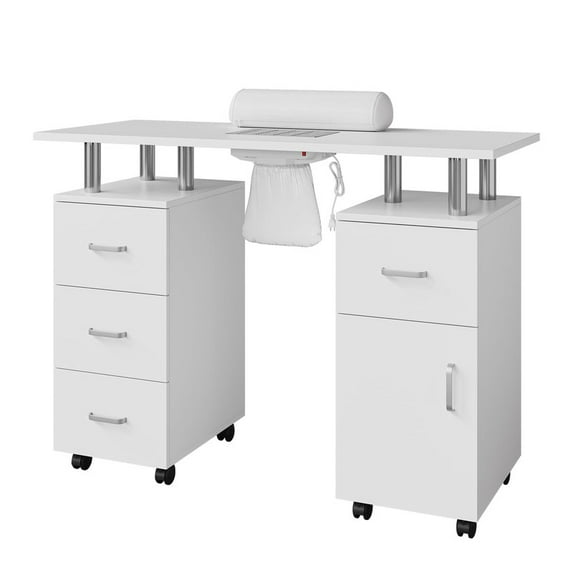 TROPOW Manicure Table with Electric Dust Collector,42" Nail Table Beauty Salon Station with Lockable Wheels, Arm Rest,4 Storage Drawers,Acetone Resistant Top and Storage Cabinet