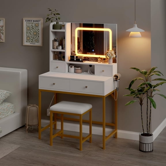 TROPOW Mirrored Dressing Table Featuring Three-Level Adjustable Lighting Modern Dressing Table with Four Drawers and Two Open Shelves Suitable for bedrooms or Make-up Studios - White