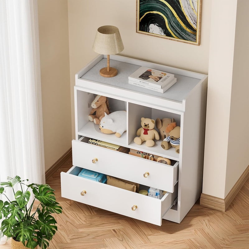 TROPOW Modern 2-Drawer Nursery Changing Table with Media Shelves, Black Baby Dresser with Crystal Knobs, Multi-Purpose Diaper Station Storage Organizer for Infant Room, Anti-Tip Safety Design