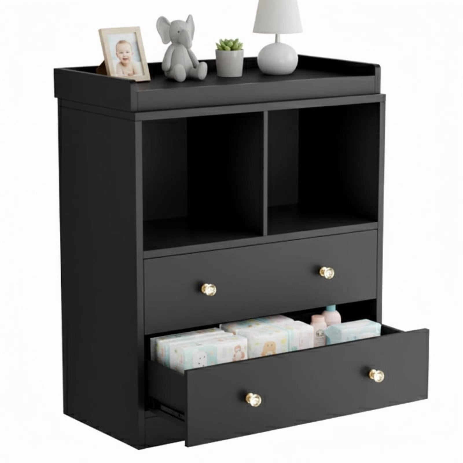TROPOW Modern 2-Drawer Nursery Changing Table with Media Shelves, Black Baby Dresser with Crystal Knobs, Multi-Purpose Diaper Station Storage Organizer for Infant Room, Anti-Tip Safety Design