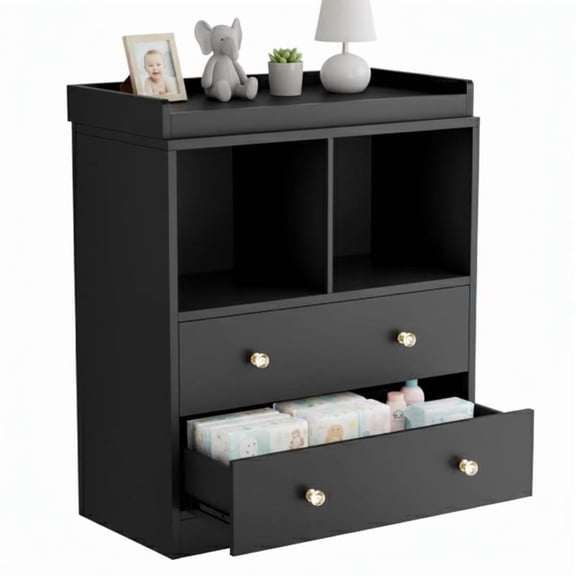 TROPOW Modern 2-Drawer Nursery Changing Table with Media Shelves, Black Baby Dresser with Crystal Knobs, Multi-Purpose Diaper Station Storage Organizer for Infant Room, Anti-Tip Safety Design