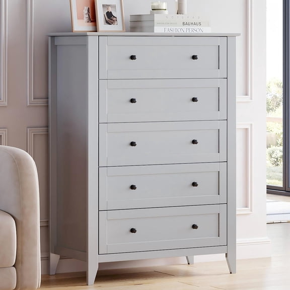 TROPOW Modern 5 Drawers Dresser for Bedroom, Tall Wood Chest of Drawers for Clothes, Big Storage Dressers Organizer with Gold Handles & Deep Drawers, Living Room, Closet, Hallway