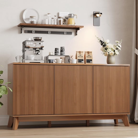 TROPOW Modern 58" Walnut Sideboard Buffet Cabinet – Fluted Curved Doors, Adjustable Shelves, Raised Base – Wood Storage for Dining Room, Kitchen, Living Room, Coffee Bar Console Table