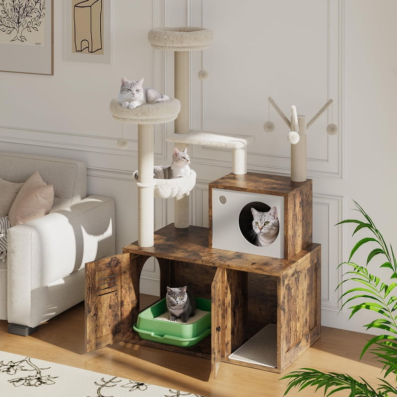 TROPOW Modern Cat Tree with Integrated Litter Box Enclosure - 55 Inch Multi-Level Cat Condo with Hammock, Scratching Posts & Toys - All-in-One Cat Furniture for Indoor Cats