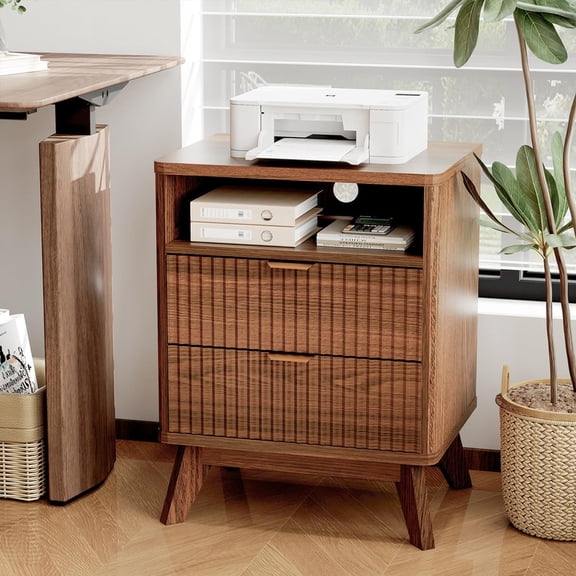 TROPOW Modern Fluted Bedside Tables Set of 2 with USB Charging Station & Outlets – Open Shelf – Sturdy Wood Legs – Compact Bedside Tables for Bedroom, Living Room, Office