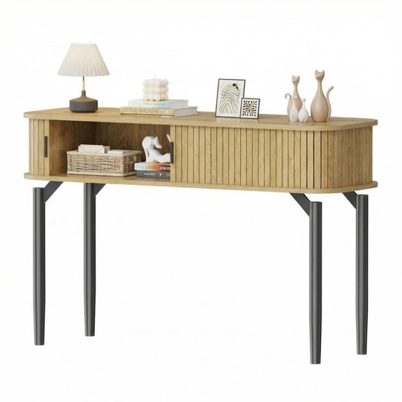 TROPOW Modern Fluted Console Table, 47" Wooden Narrow Entryway Sofa Table with Sliding Door & Storage Space, Entry Tables Behind Couch with Storage Shelves for Entrance, Hallway