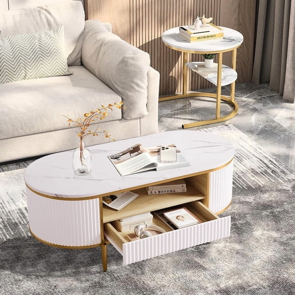 TROPOW Modern Luxury Oval Coffee Table with Storage,47.24" Fluted Design with Faux Marble Top, Curved Profile & Gold Metal Legs, White Center Table for Living Room, Stylish Sofa Table