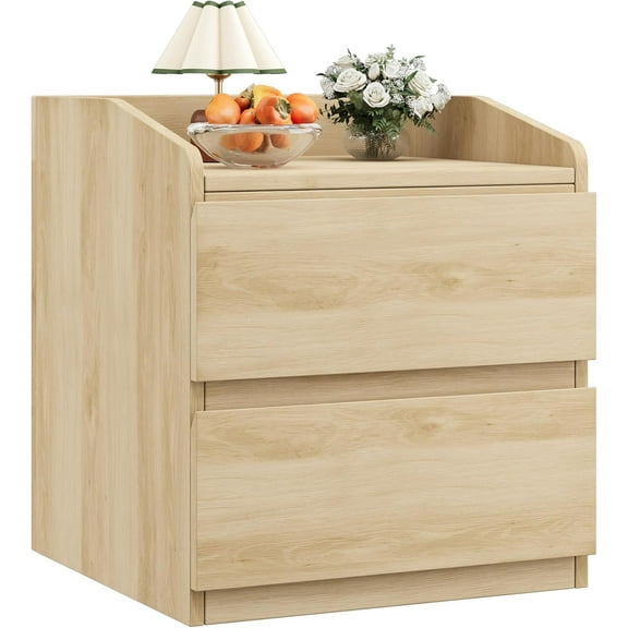 TROPOW Nightstand with 2 Drawers, 23.6" Modern Bed Side Table 2 Drawers End Table w/Storage Bedside Table with Handle Free Design for Bedroom, Living Room, Curved Profile Design, Natural Wood
