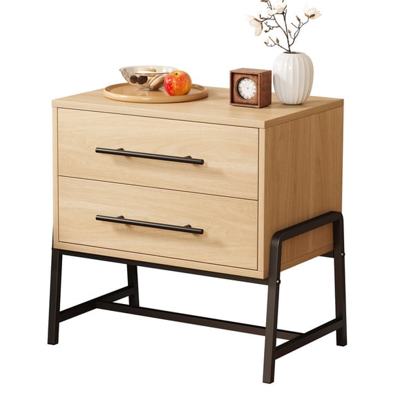 TROPOW Nightstand with Drawers, Mid Century Modern Bedside Table with 2 Storage Drawers, Light Wood & Metal Legs Side Table for Bedroom, Living Room