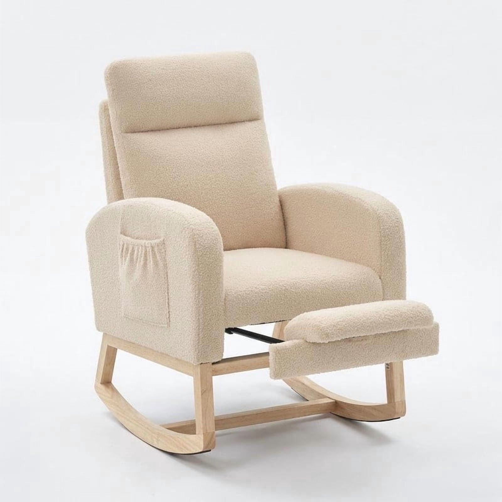 TROPOW Nursing Rocking Chair with Footrest, Glider Rocker with High Back Upholstered Seat and Solid Wood Base for Mom, Comfortable Rocking Lounge Chair for Living Room, Bedroom Relaxing