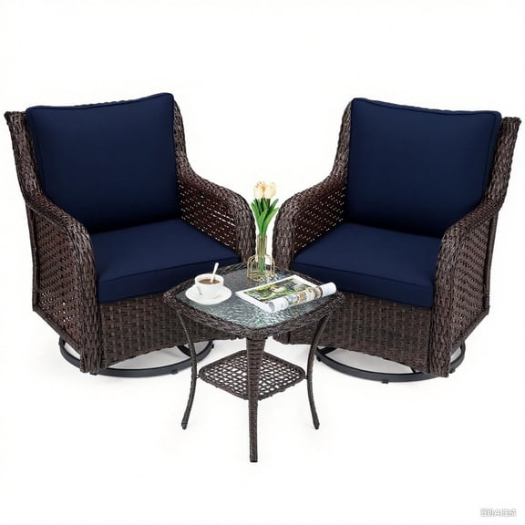 TROPOW Outdoor Swivel Wicker Glider Patio Chairs with Table Set, 3 Pieces Outdoor Bistro Set with 4”Thick Cushions and Coffee Table for Porch, Balcony