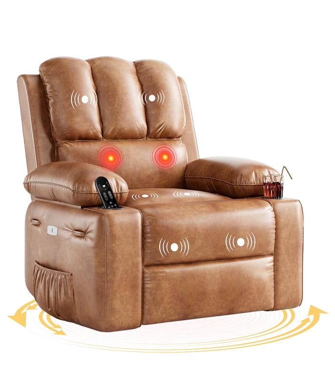 TROPOW Oversized Electric Power Recliner Chair with Heat & Massage - 360° Swivel Rocker Recliner for Living Room, PU Leather Recliner with 1.5X Sponge Filling, 22" Large Seat Lazyboy Style