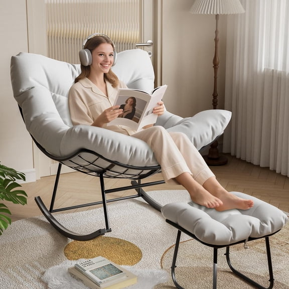 TROPOW Oversized Lounge Chair with Footrest, Outdoor Papasan Rocking Chair with Ottoman and Sturdy Metal Frame, Patio Rattan Egg Rocker for Balcony Backyard Porch Bedroom