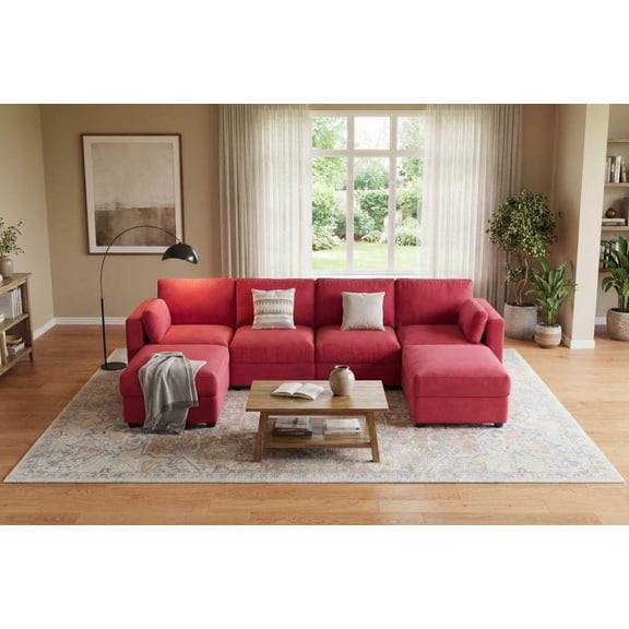 TROPOW Oversized Modular Sectional Sofa, 6 Seater Sectional Couch, 136" U Shaped Sofa with Movable Ottoman, Convertible Modular Couch for Living Room Apartment and Office,Red
