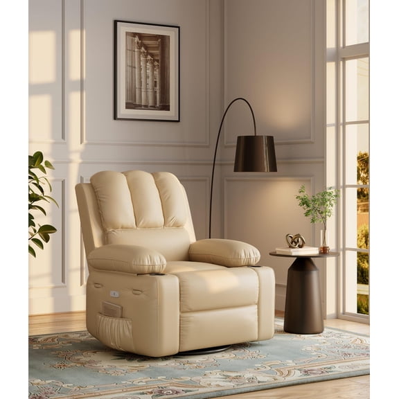 TROPOW Oversized Power Recliner Chair with Massage & Heating, 27" Wide Reclining Sofa Chair with Cup Holder, 360° Swivel Leather Fabric Rocker, Living Room, Home Theater, Office Recliner