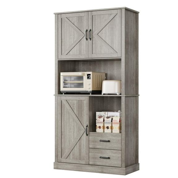 TROPOW Pantry Cabinet with 2 Drawers and Open Shelves, Tall Freestanding Kitchen Pantry Cabinet with Microwave Shelf, Kitchen Hutch for Dining Room, Kitchen, Living Room, Gray
