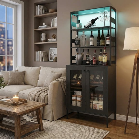 TROPOW Pantry Cabinet with Power Outlets, 66.9" H Bar Cabinet with LED Lights, Kitchen Bakers Rack with Glass Doors, Microwave Stand Bakers Rack Cabinet for Dining Room, Living Room, Hallway